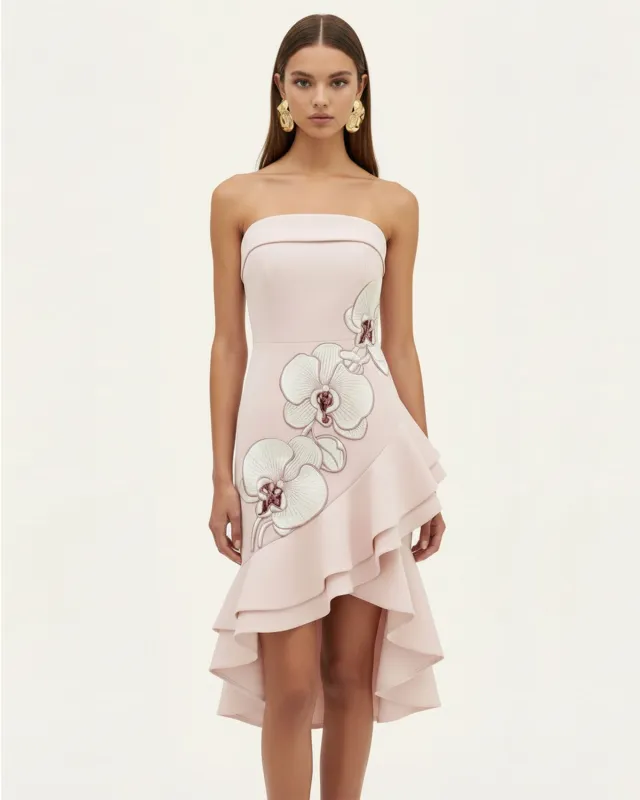 Orchid Embroidered Asymmetrical Strapless Midi Dress - Blush Pink made by JW PEI