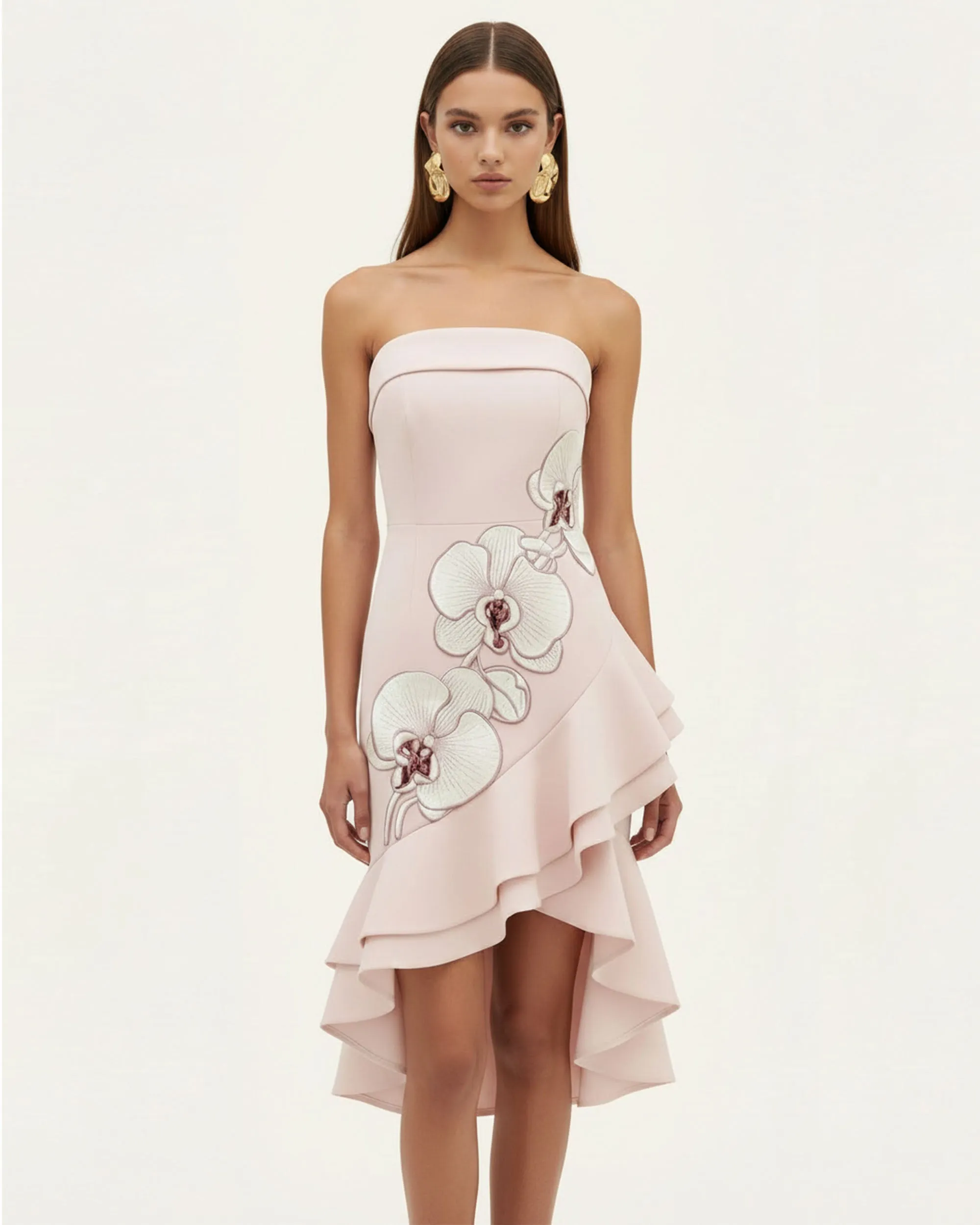 Orchid Embroidered Asymmetrical Strapless Midi Dress - Blush Pink sold by JW PEI