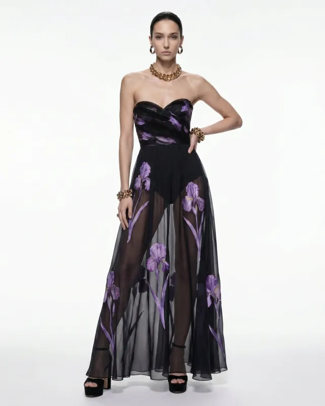 Iris Print Sheer Overlay Strapless Maxi Dress - Black/Purple made by JW PEI