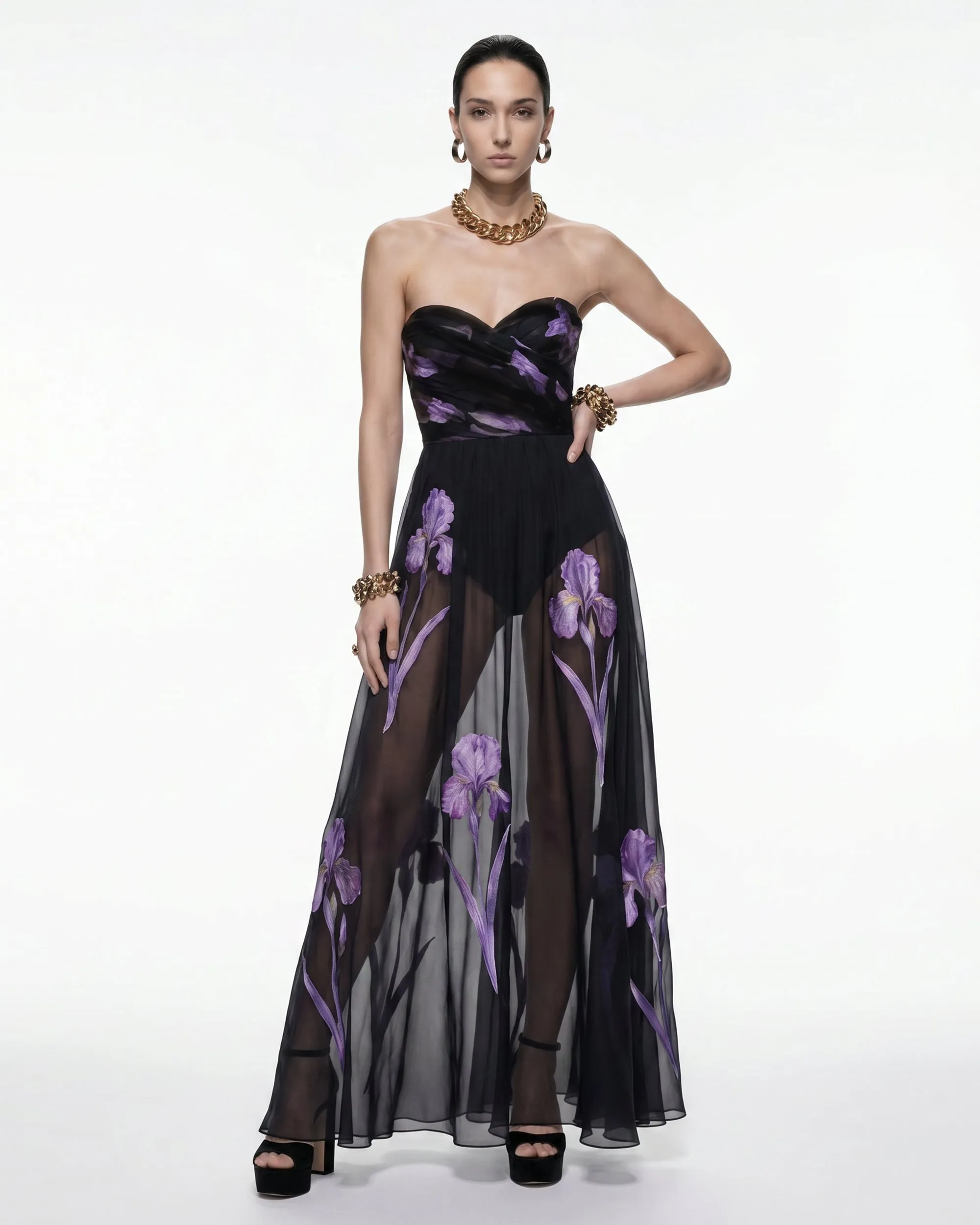 Iris Print Sheer Overlay Strapless Maxi Dress - Black/Purple sold by JW PEI