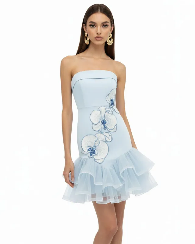 Orchid Embroidered Tulle Hem Strapless Mini Dress - Light Blue made by JW PEI