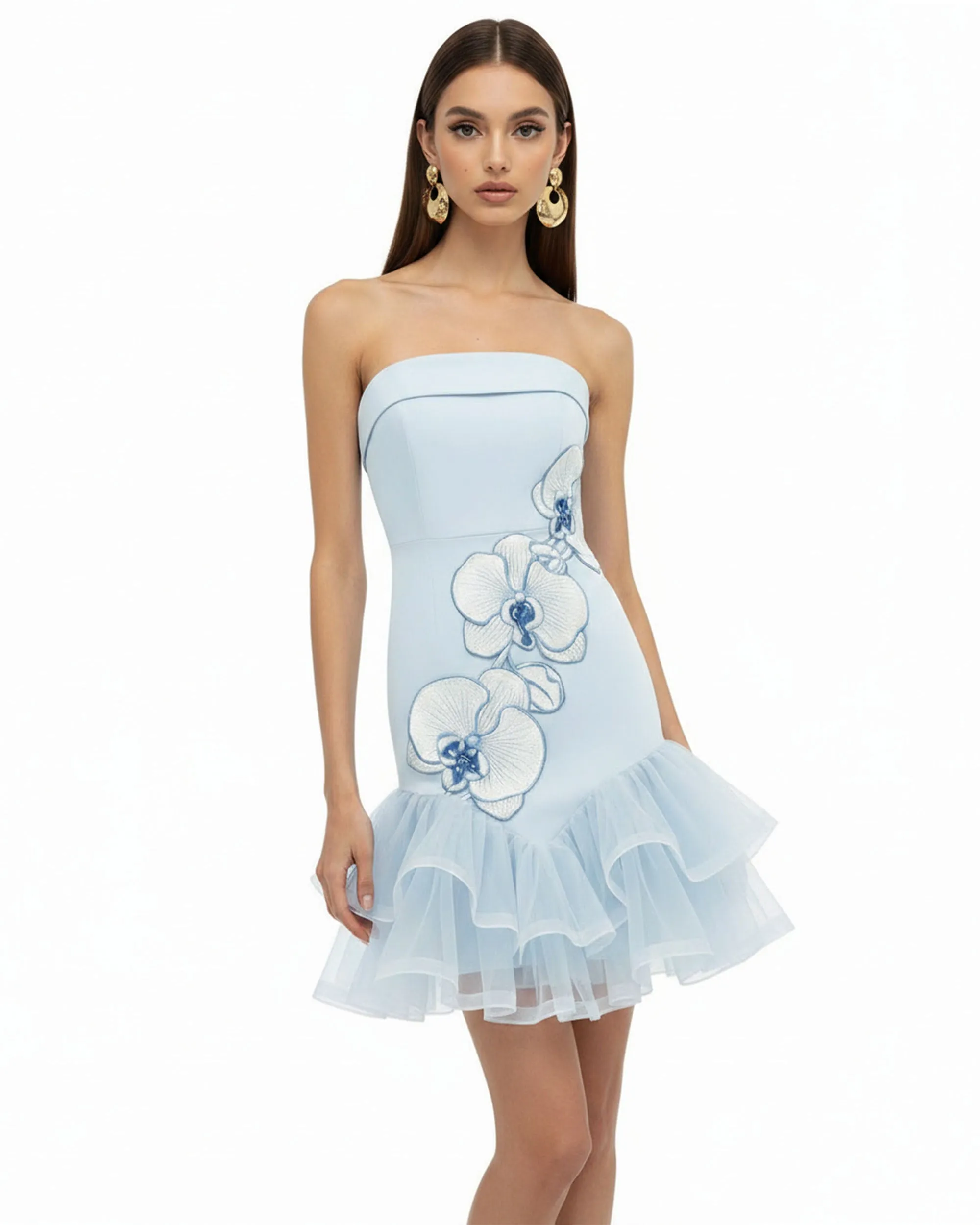 Orchid Embroidered Tulle Hem Strapless Mini Dress - Light Blue sold by JW PEI