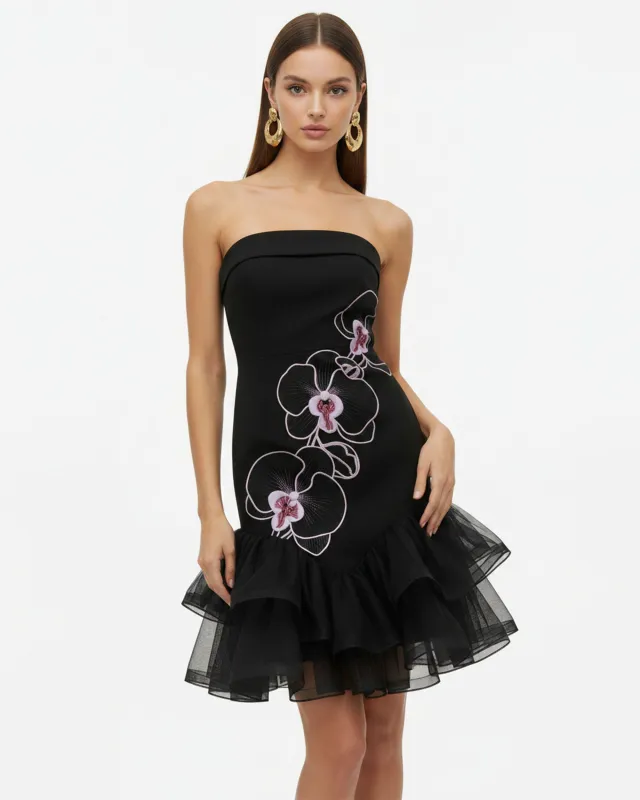 Orchid Embroidered Tulle Hem Strapless Mini Dress - Black Purple made by JW PEI