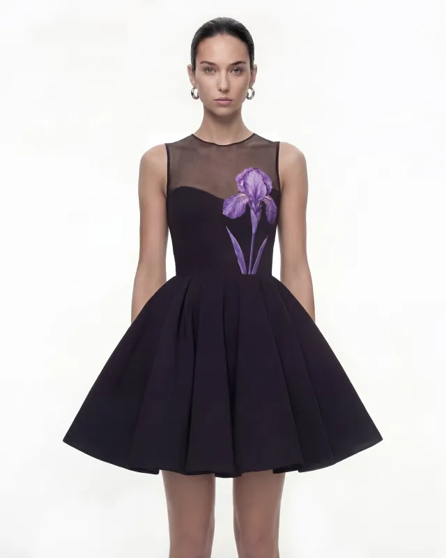 Iris Print Illusion Neck Flared Mini Dress - Black/Purple made by JW PEI