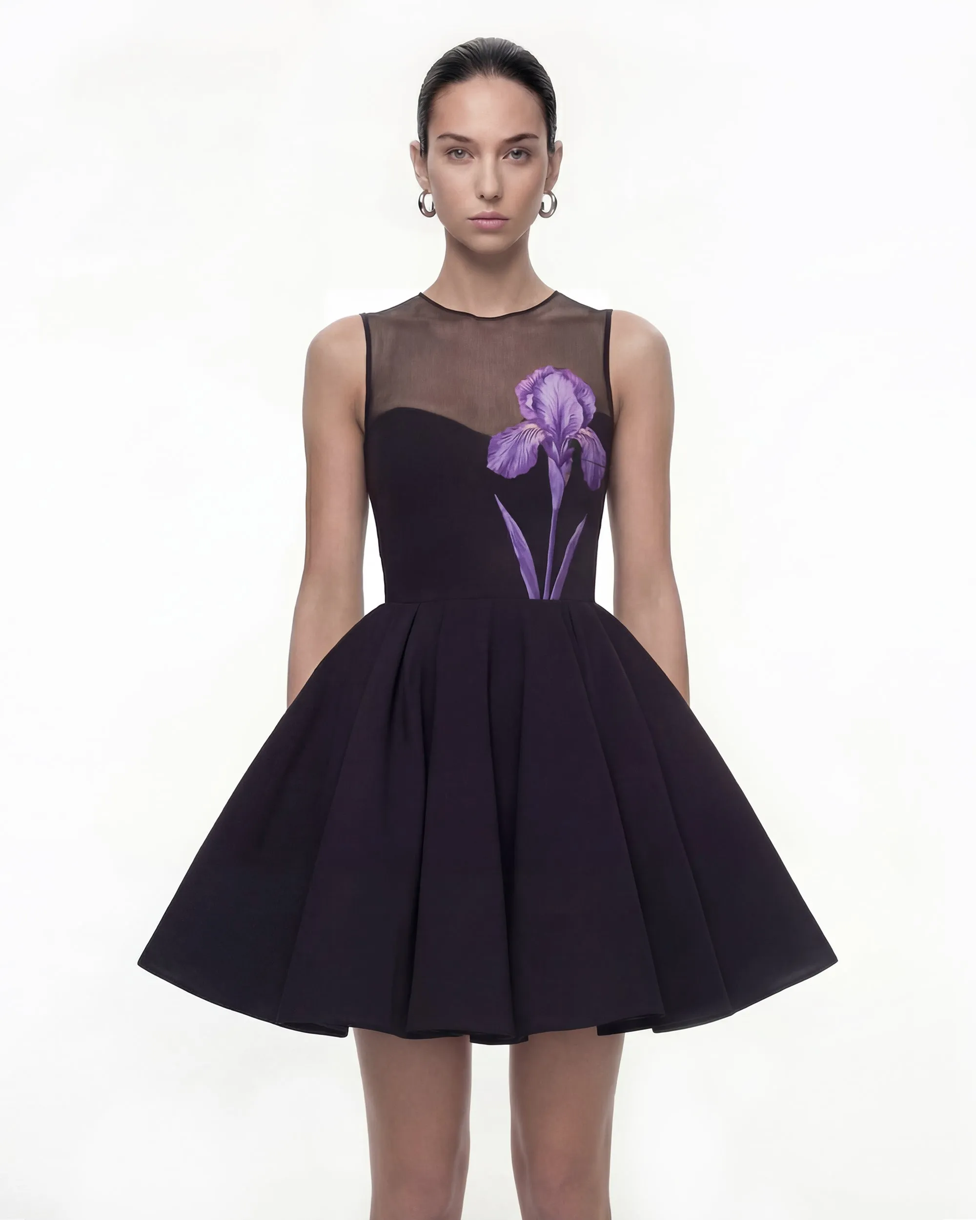 Iris Print Illusion Neck Flared Mini Dress - Black/Purple sold by JW PEI