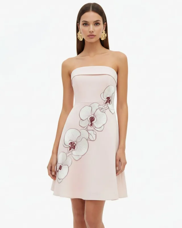 Orchid Embroidered Strapless A-Line Midi Dress - Blush Pink made by JW PEI