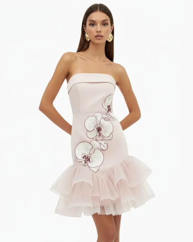 Orchid Embroidered Tulle Hem Strapless Mini Dress - Blush Pink made by JW PEI