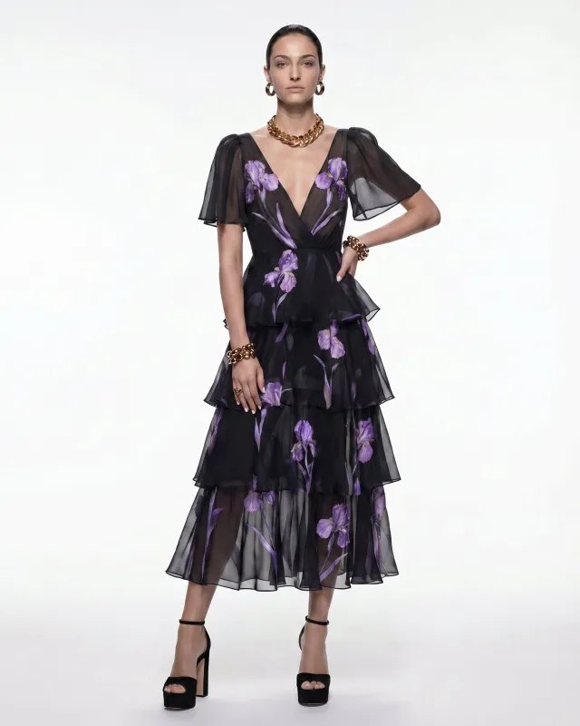 Iris Print Tiered Sheer Flutter Sleeve Midi Dress - Black/Purple made by JW PEI
