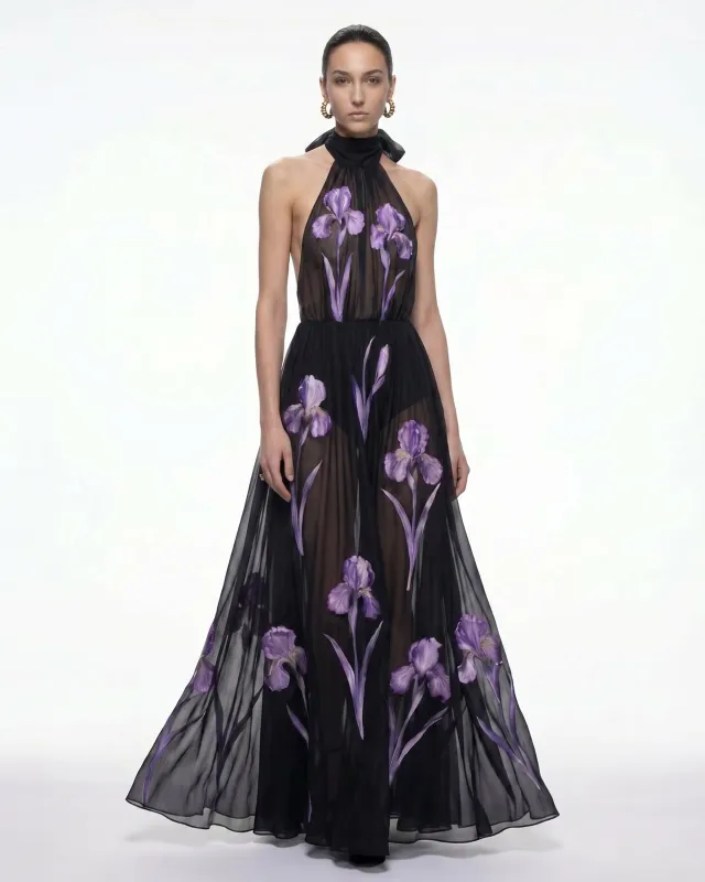 Iris Print Sheer Halter Maxi Dress - Black/Purple made by JW PEI