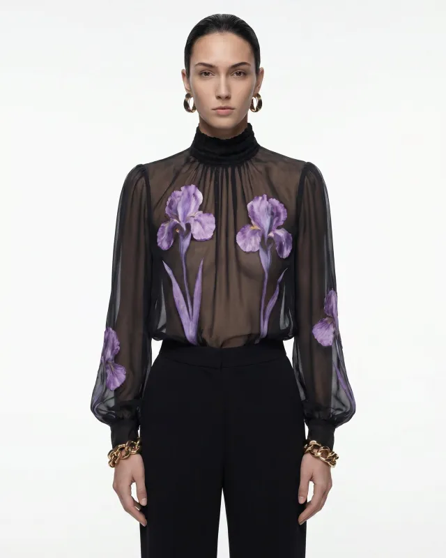 Iris Print Sheer High Neck Blouse - Black/Purple made by JW PEI