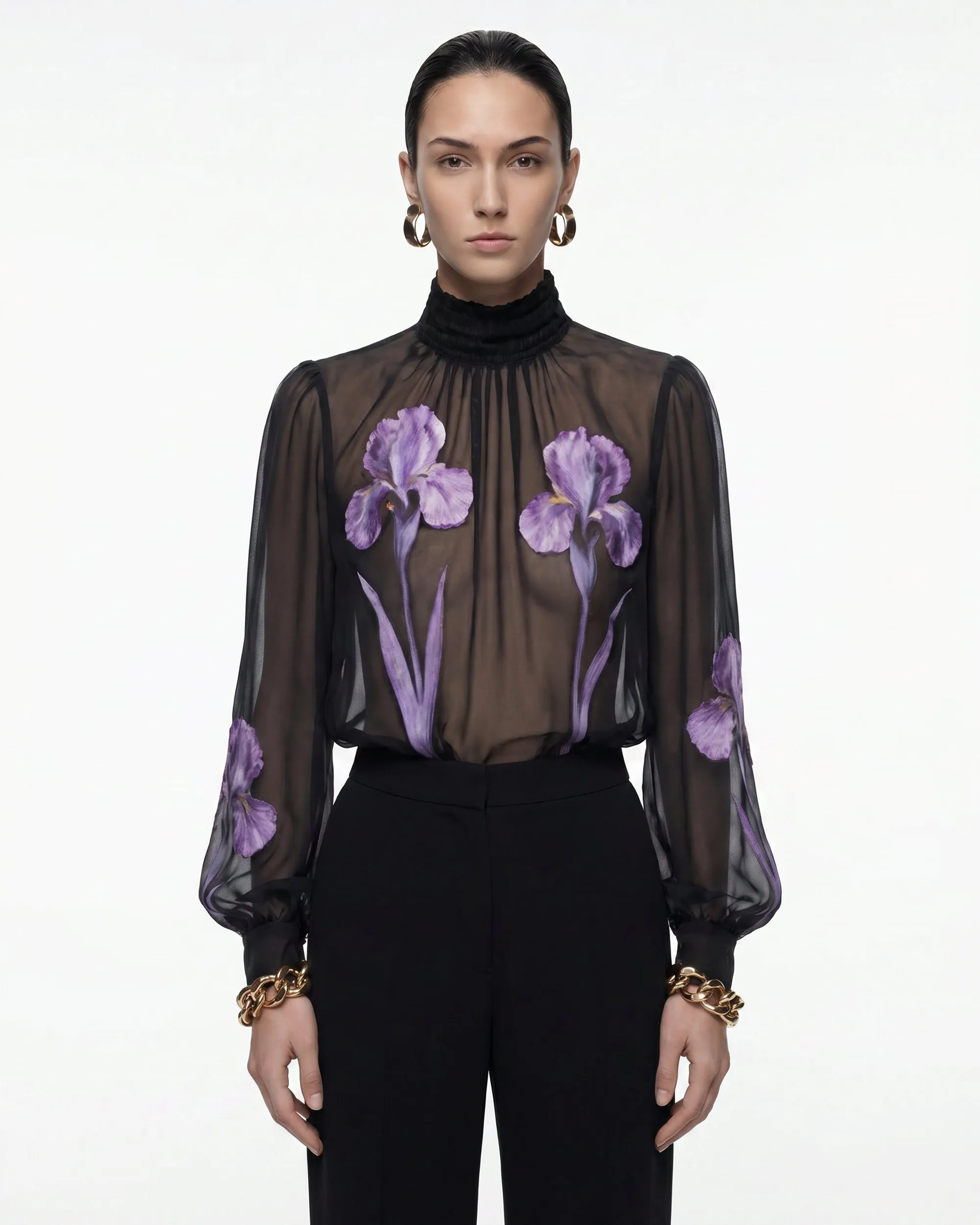 Iris Print Sheer High Neck Blouse - Black/Purple sold by JW PEI