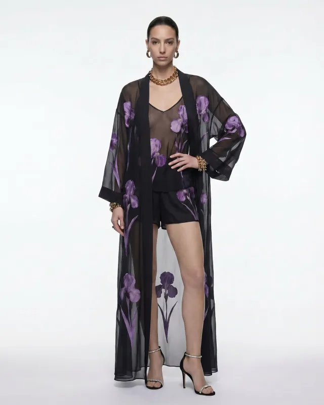 Iris Print Sheer Belted Longline Kimono - Black/Purple made by JW PEI