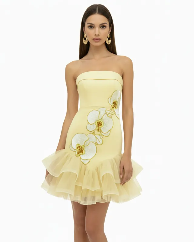 Orchid Embroidered Tulle Hem Strapless Mini Dress - Pale Yellow made by JW PEI