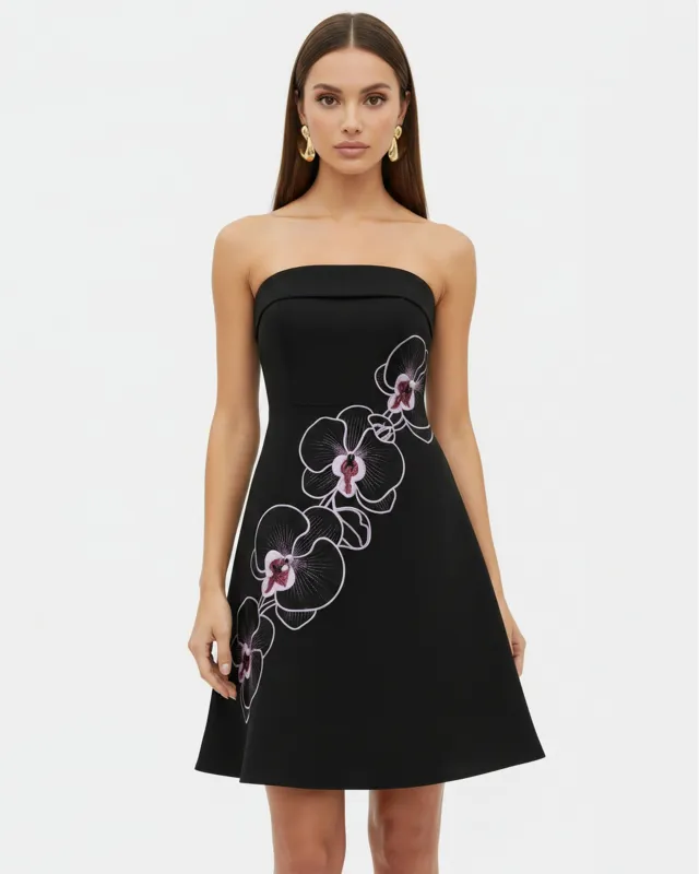 Orchid Embroidered Strapless A-Line Midi Dress - Black Purple made by JW PEI
