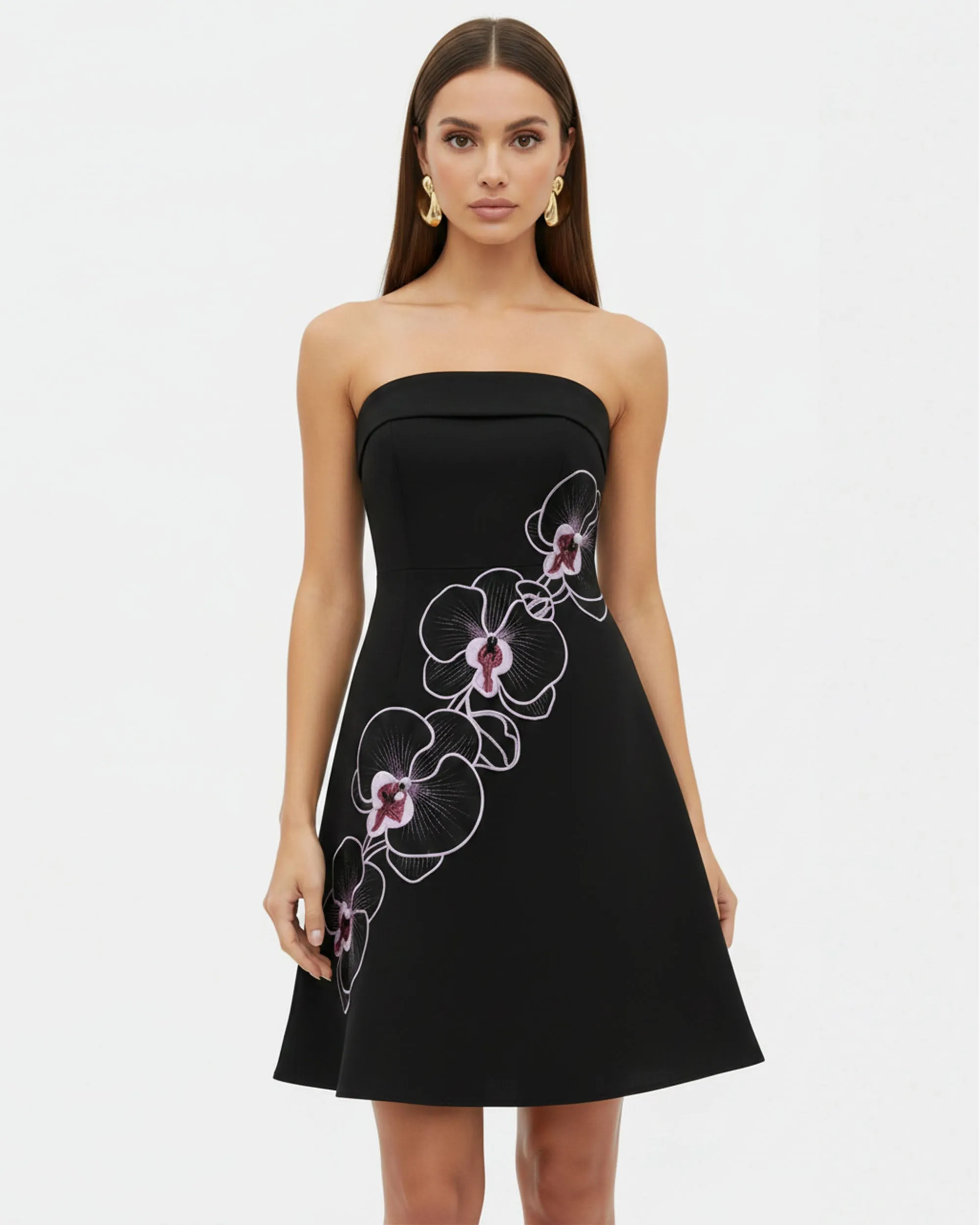 Orchid Embroidered Strapless A-Line Midi Dress - Black Purple sold by JW PEI