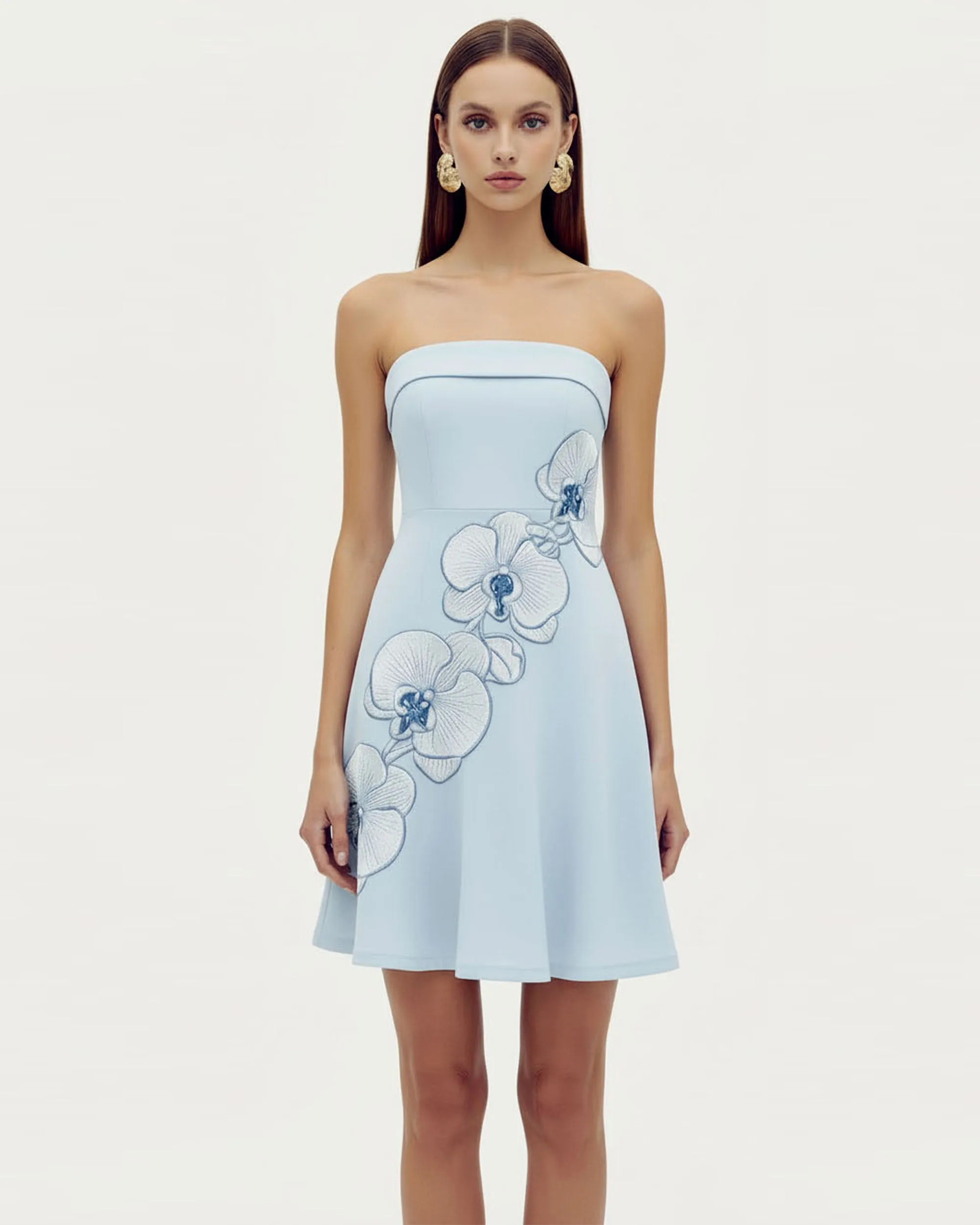 Orchid Embroidered Strapless A-Line Midi Dress - Light Blue sold by JW PEI