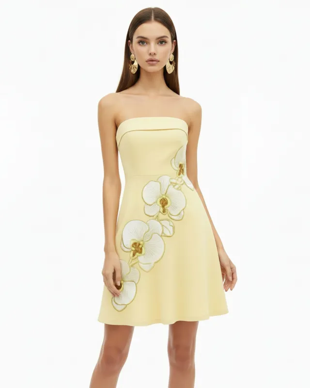 Orchid Embroidered Strapless A-Line Midi Dress - Pale Yellow made by JW PEI