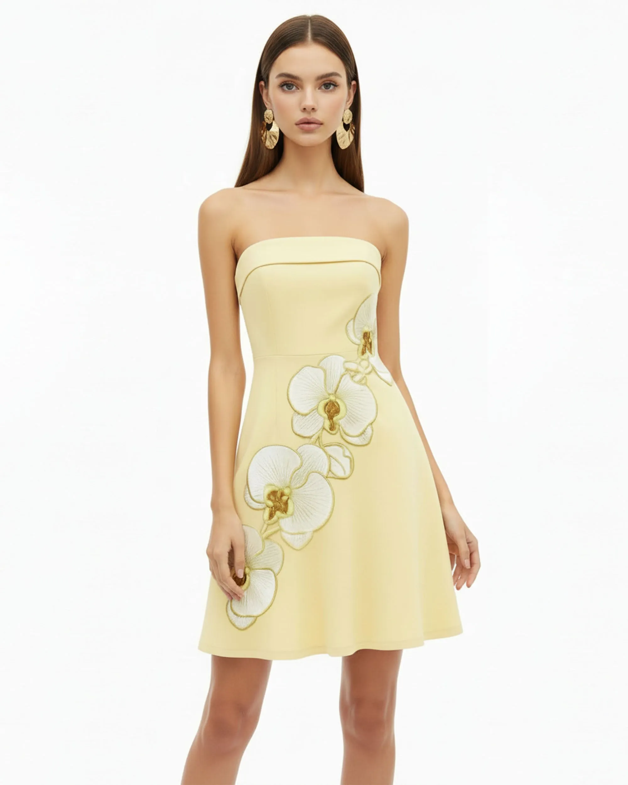 Orchid Embroidered Strapless A-Line Midi Dress - Pale Yellow sold by JW PEI