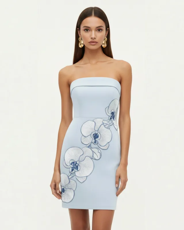 Orchid Embroidered Strapless Sheath Midi Dress - Light Blue made by JW PEI