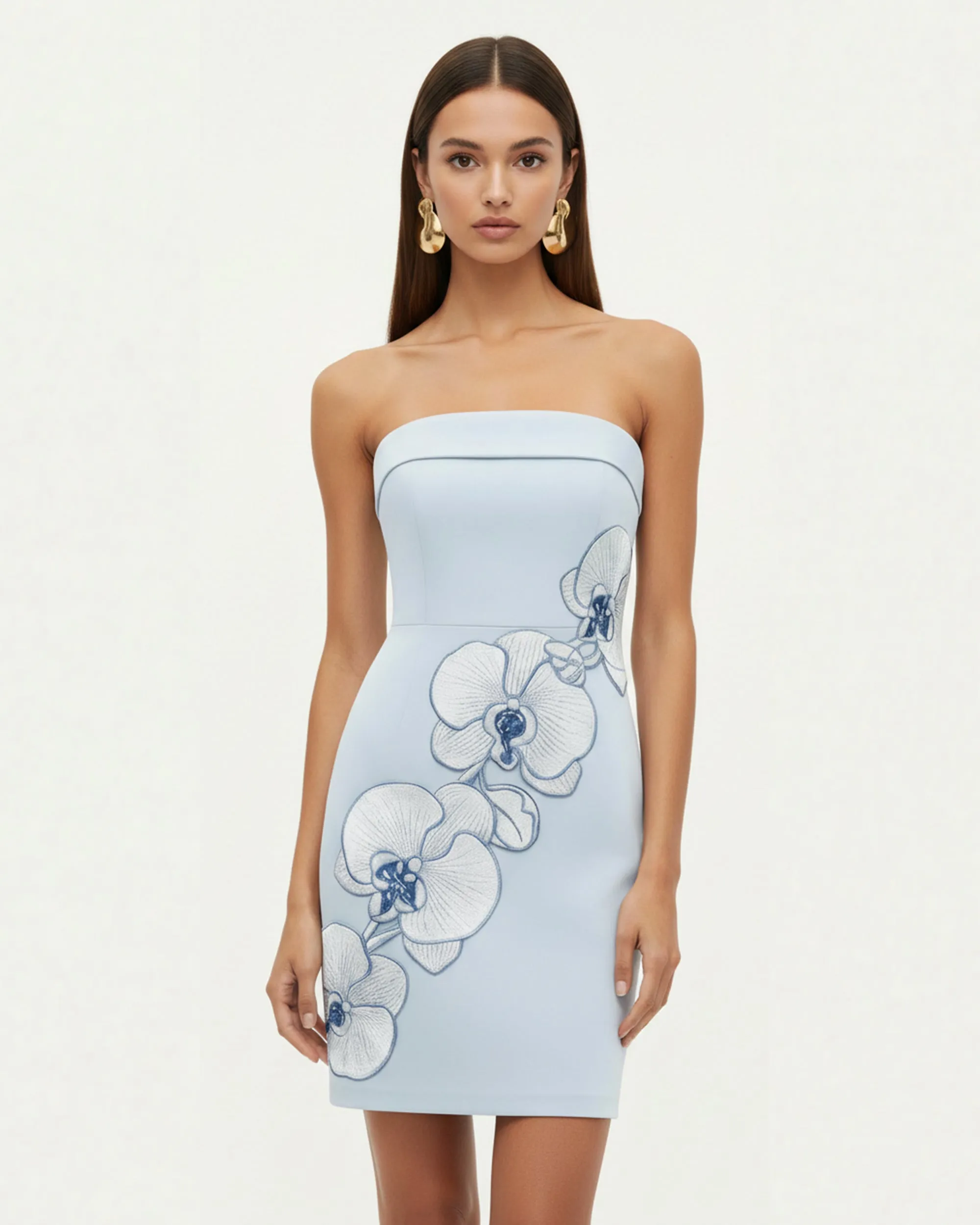 Orchid Embroidered Strapless Sheath Midi Dress - Light Blue sold by JW PEI