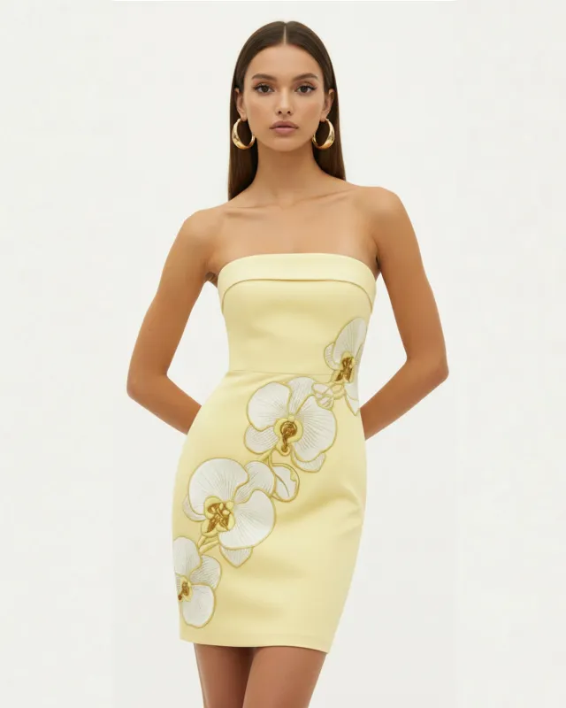 Orchid Embroidered Strapless Sheath Midi Dress - Pale Yellow made by JW PEI