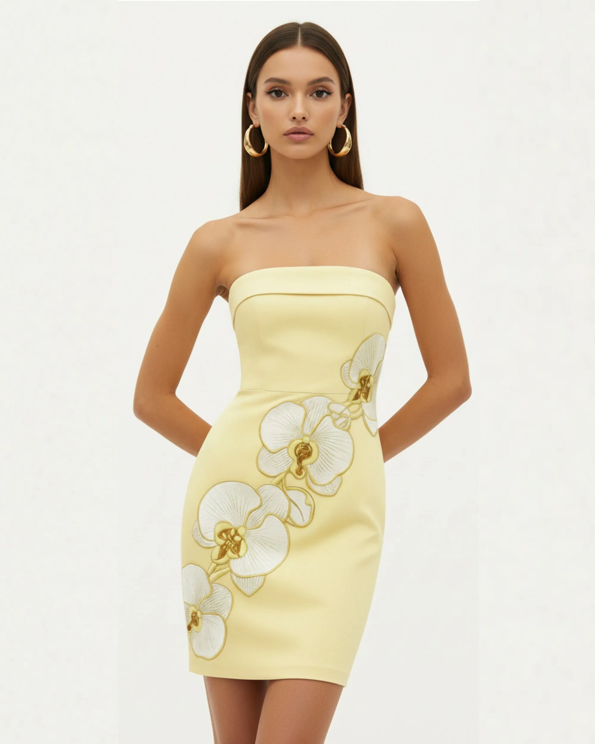 Orchid Embroidered Strapless Sheath Midi Dress - Pale Yellow sold by JW PEI
