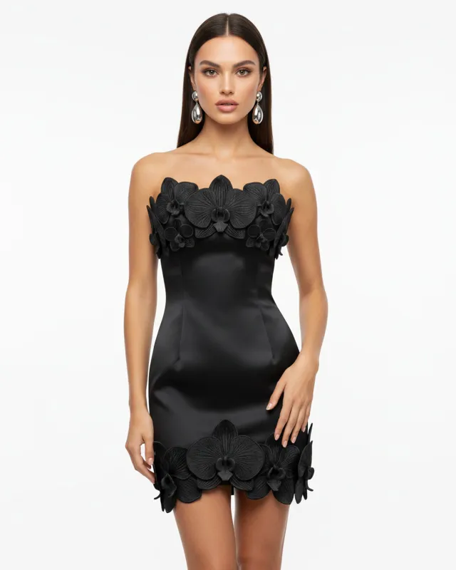 Orchid Trim Strapless Mini Dress - Black made by JW PEI
