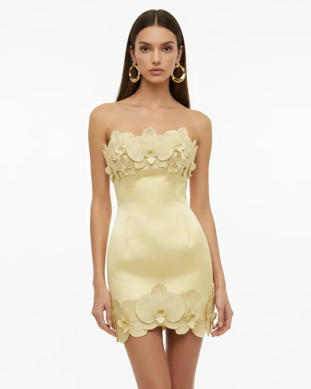 Orchid Trim Strapless Mini Dress - Pale Yellow made by JW PEI