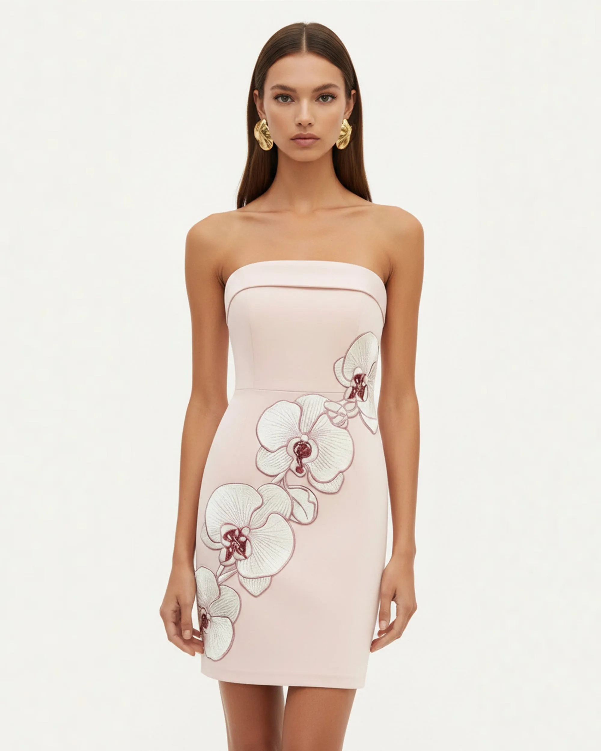 Orchid Embroidered Strapless Sheath Midi Dress - Blush Pink sold by JW PEI