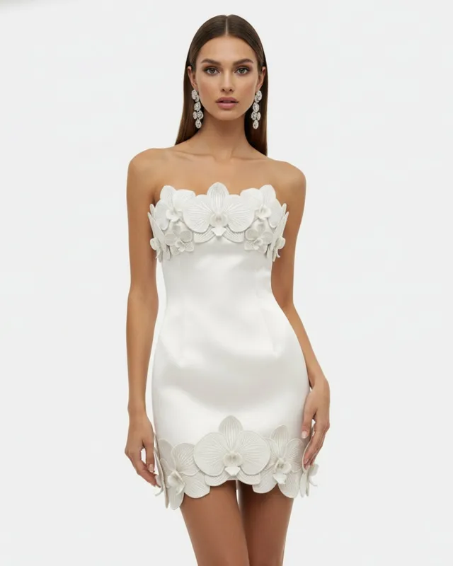 Orchid Trim Strapless Mini Dress - White made by JW PEI