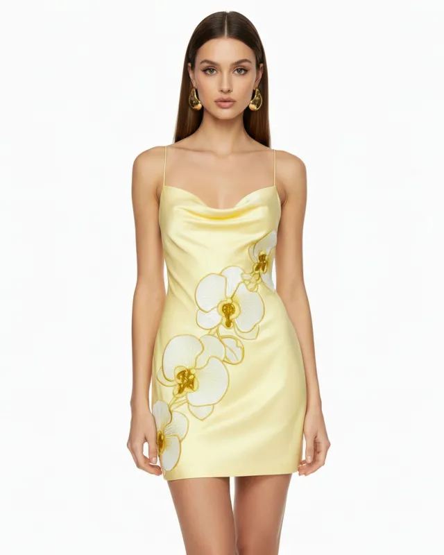 Orchid Embroidered Cowl Neck Slip Mini Dress - Pale Yellow made by JW PEI