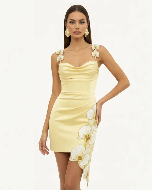 Orchid Embroidered Draped Mini Dress - Pale Yellow made by JW PEI