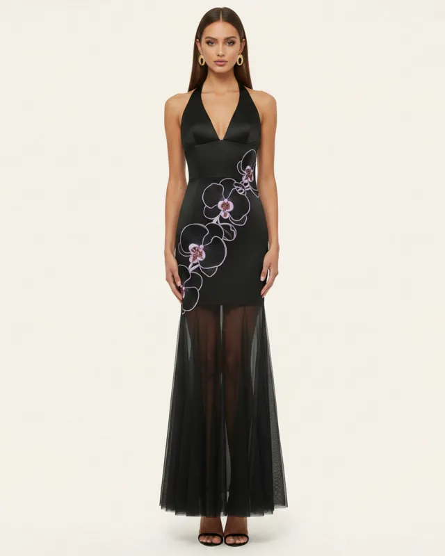 Orchid Embroidered Sheer Hem Halter Maxi Dress-  Black Purple made by JW PEI