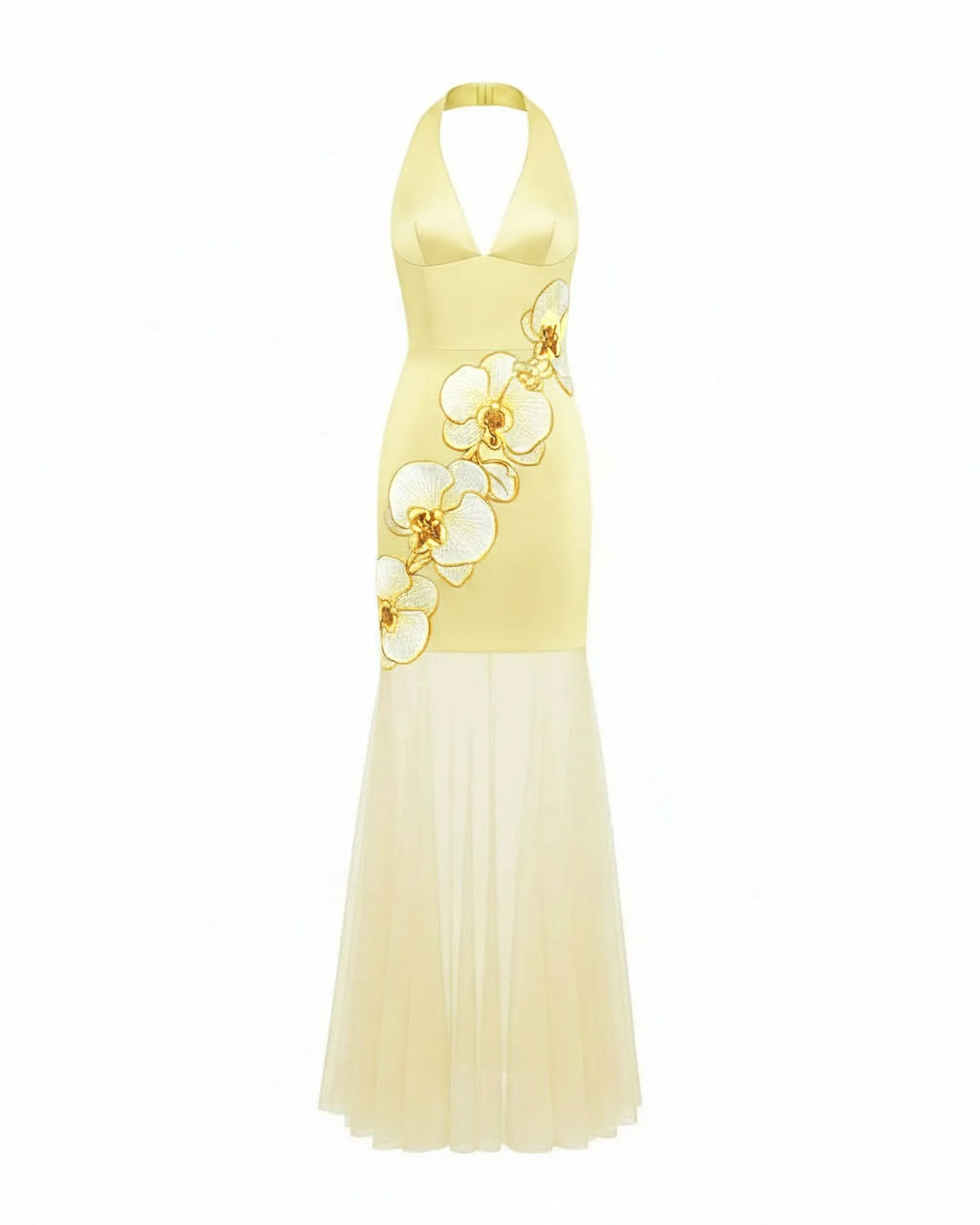 Orchid Embroidered Sheer Hem Halter Maxi Dress - Pale Yellow sold by JW PEI product image thumbnail 3