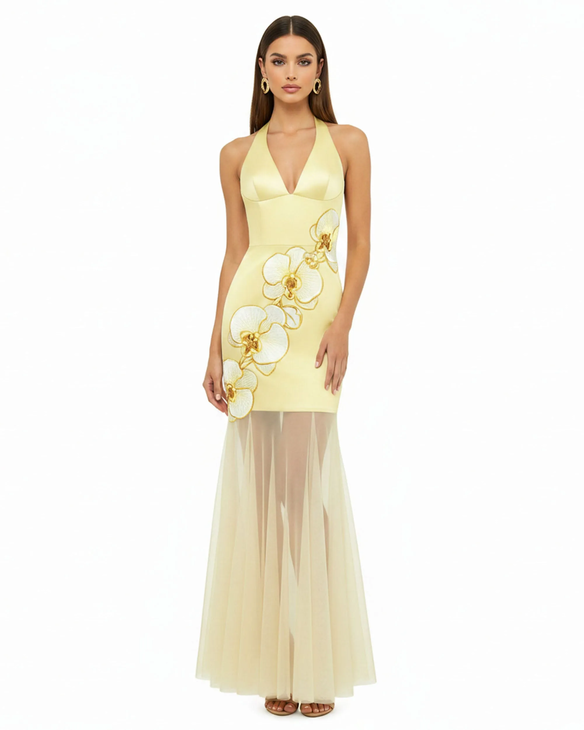 Orchid Embroidered Sheer Hem Halter Maxi Dress - Pale Yellow sold by JW PEI