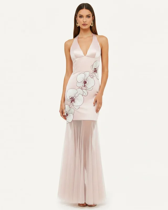 Orchid Embroidered Sheer Hem Halter Maxi Dress - Blush Pink made by JW PEI