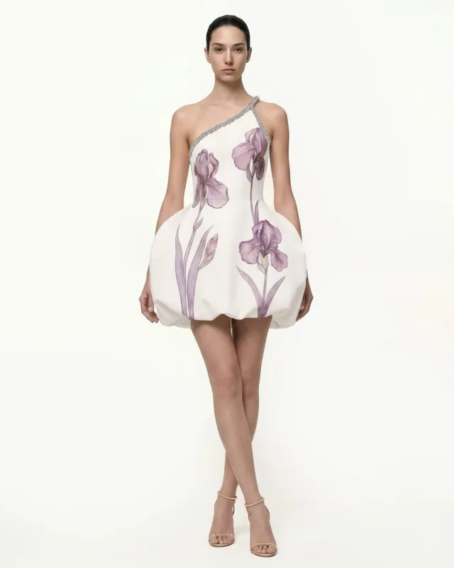 Jeweled One Shoulder Floral Bubble Dress - White made by JW PEI