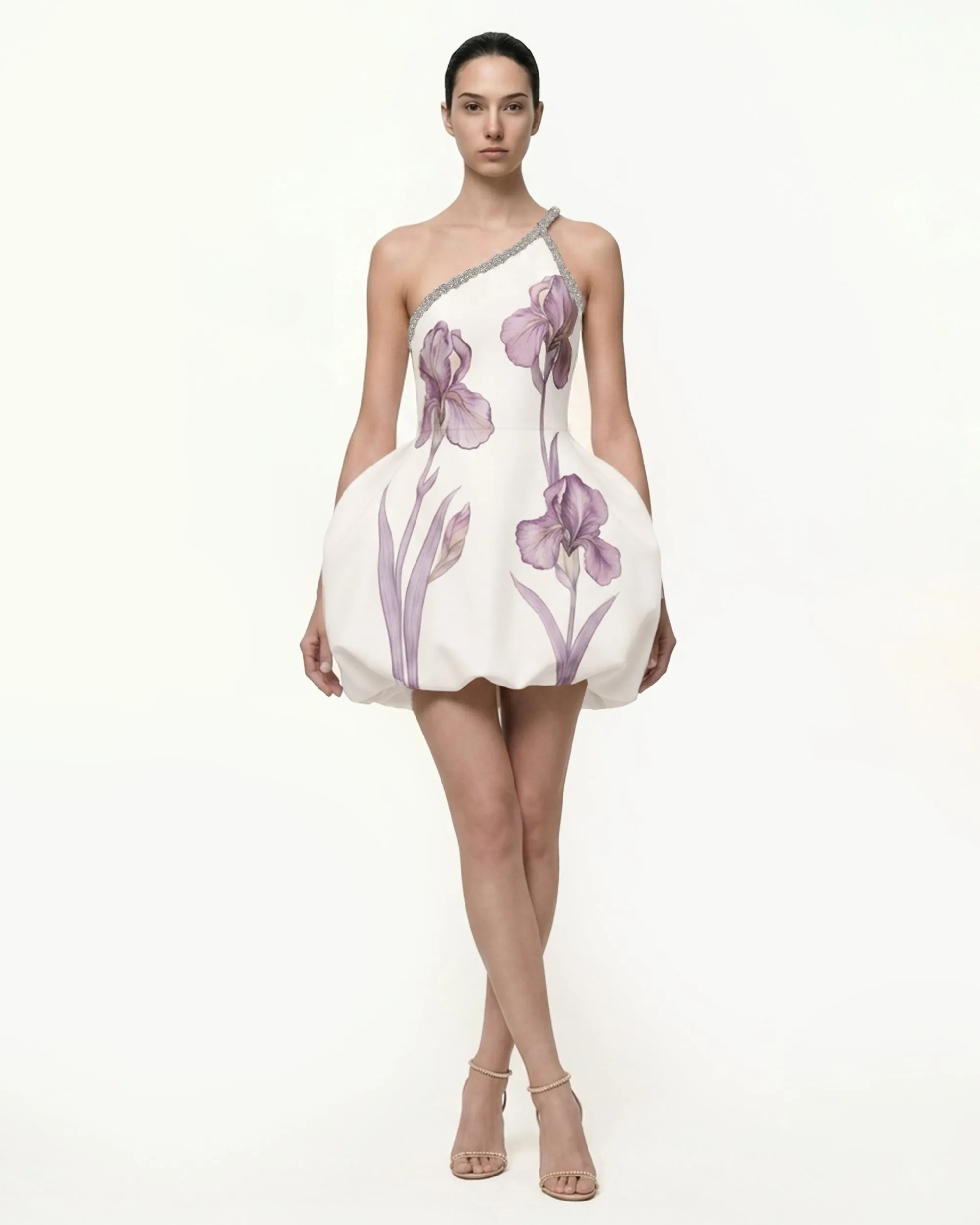 Jeweled One Shoulder Floral Bubble Dress - White sold by JW PEI