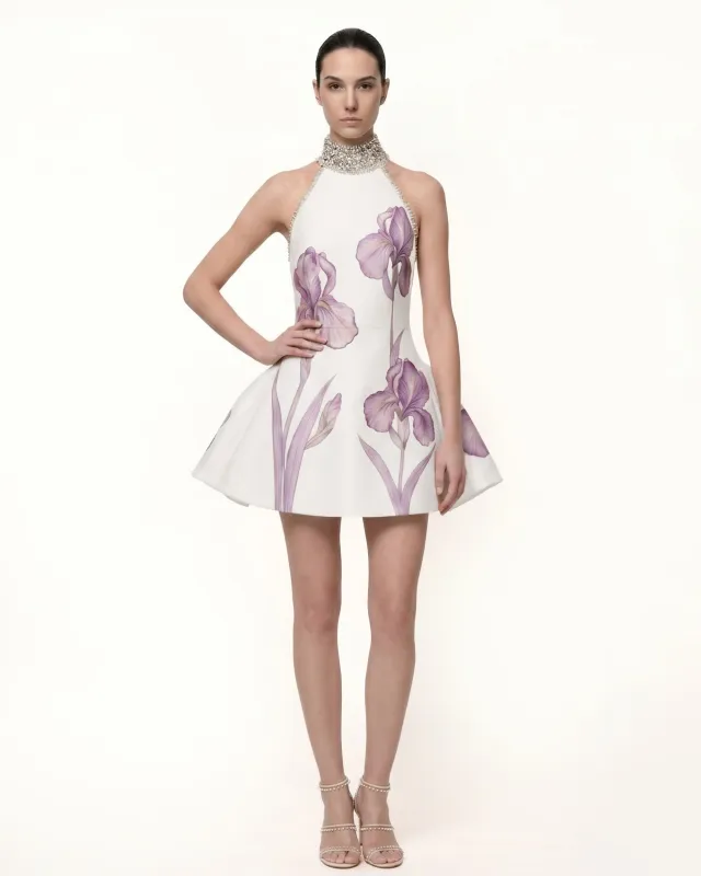 Floral Embellished Neck A-Line Dress - White made by JW PEI
