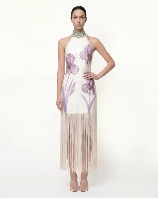 Jeweled Floral Fringe Halter Dress - White made by JW PEI