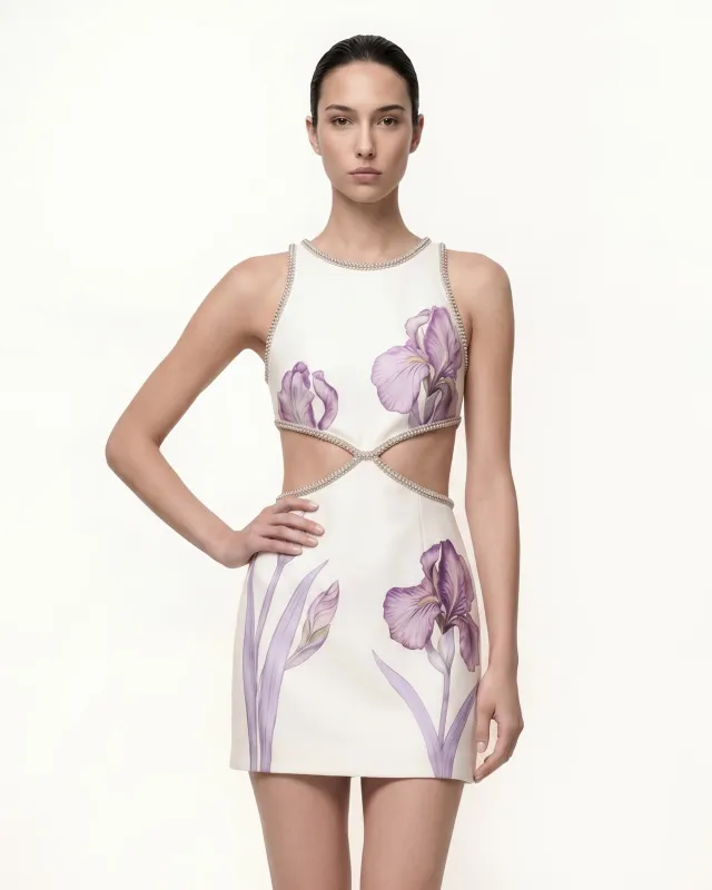 Beaded Trim Floral Mini Dress - White made by JW PEI