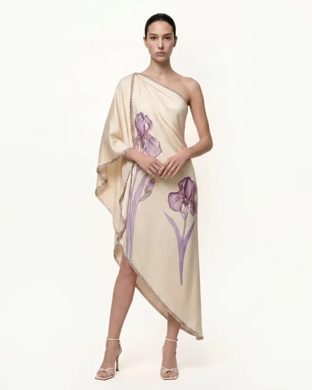 Jeweled One Shoulder Floral Print Dress - Cream made by JW PEI