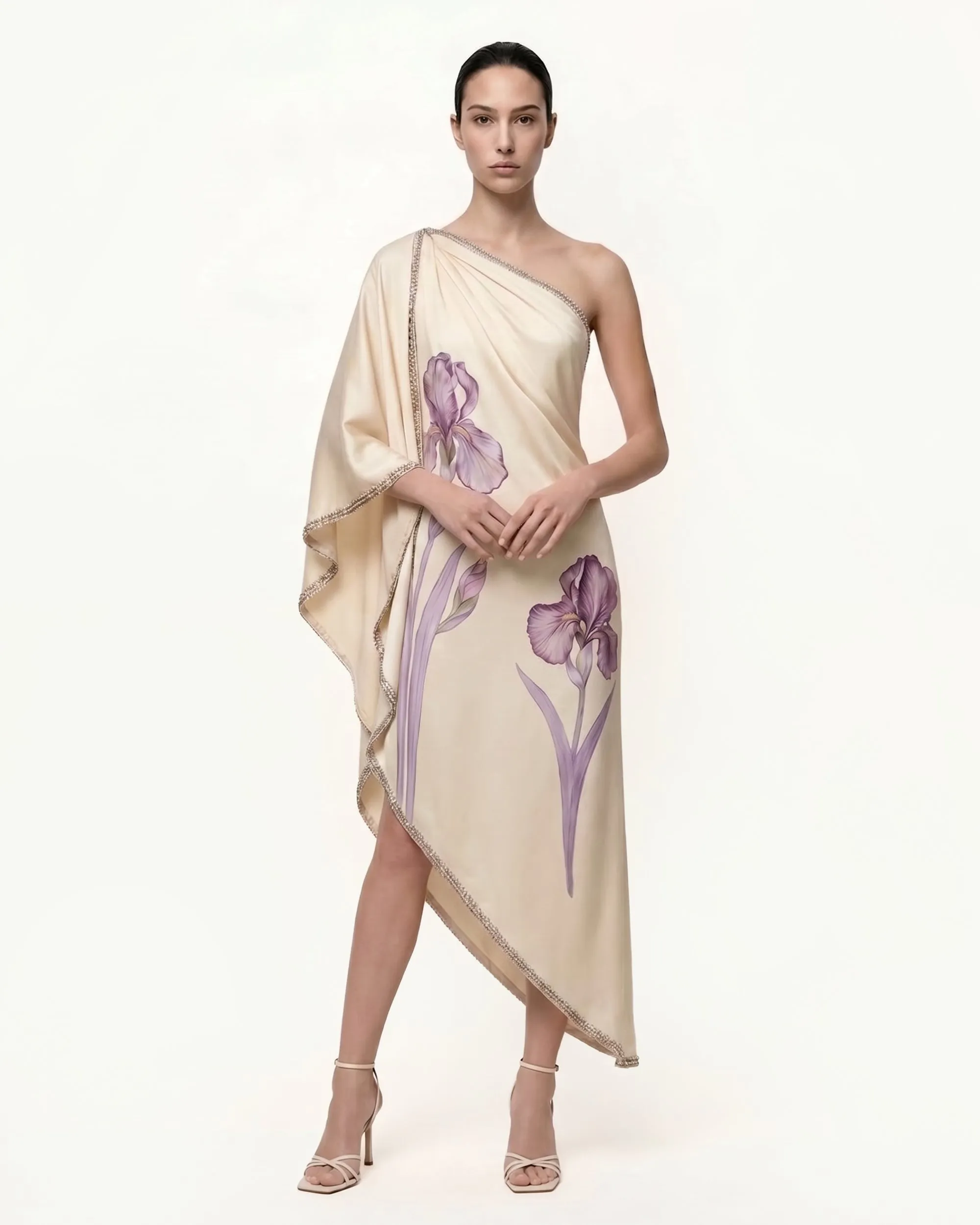 Jeweled One Shoulder Floral Print Dress - Cream sold by JW PEI