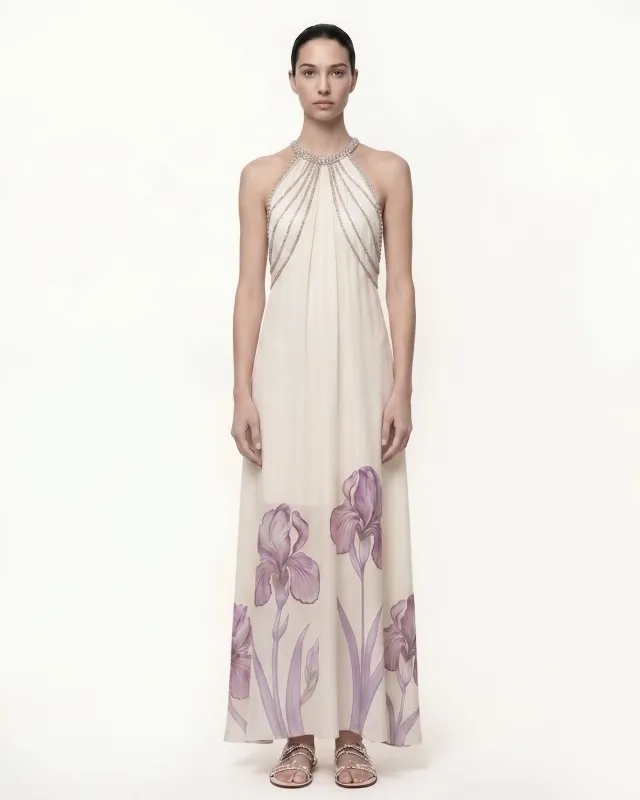 Jeweled Floral Print Halter Maxi Dress - Ivory made by JW PEI
