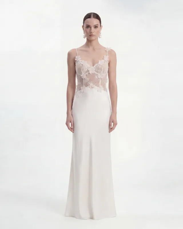 Floral Appliqué Sheer Lace Maxi Dress - White made by JW PEI