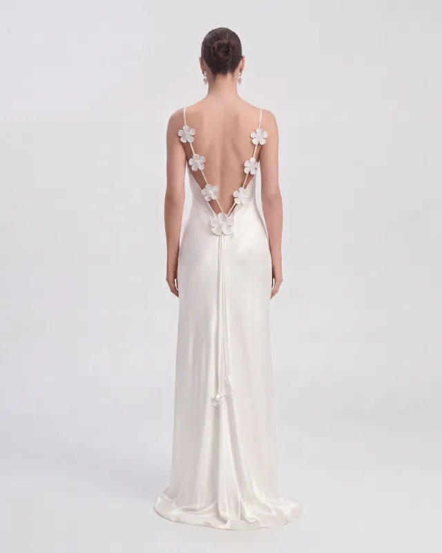Floral Appliqué Open Back Maxi Dress - White made by JW PEI