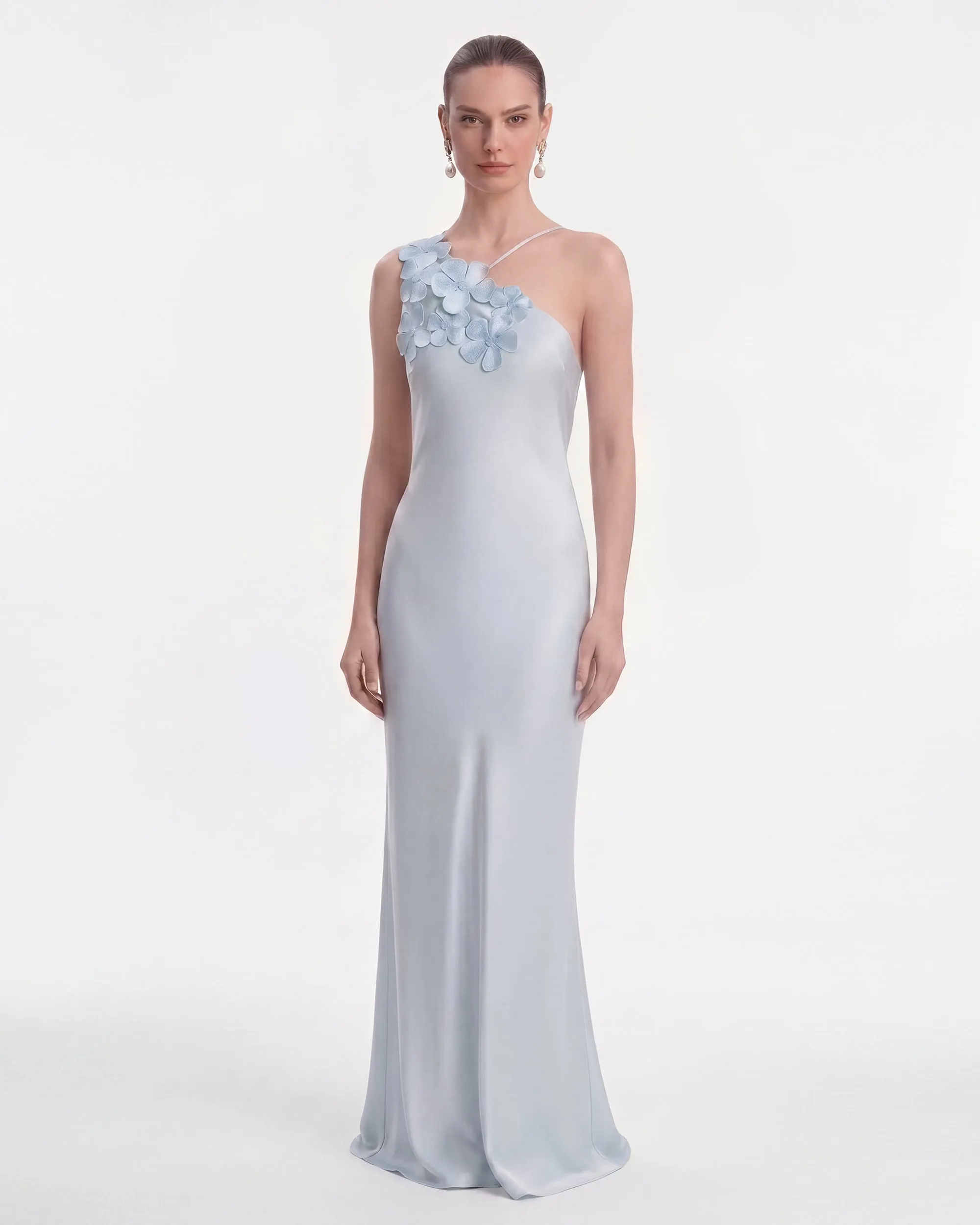 Floral Appliqué One Shoulder Maxi Dress - Light Blue sold by JW PEI