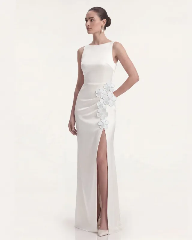 Floral Appliqué Side Slit Maxi Dress - White made by JW PEI