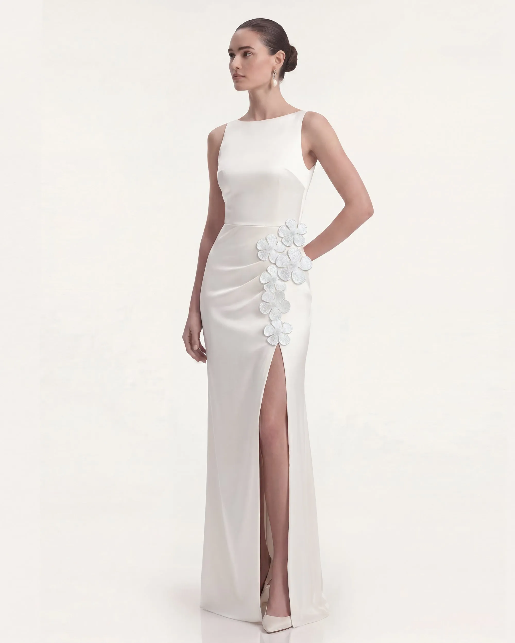Floral Appliqué Side Slit Maxi Dress - White sold by JW PEI