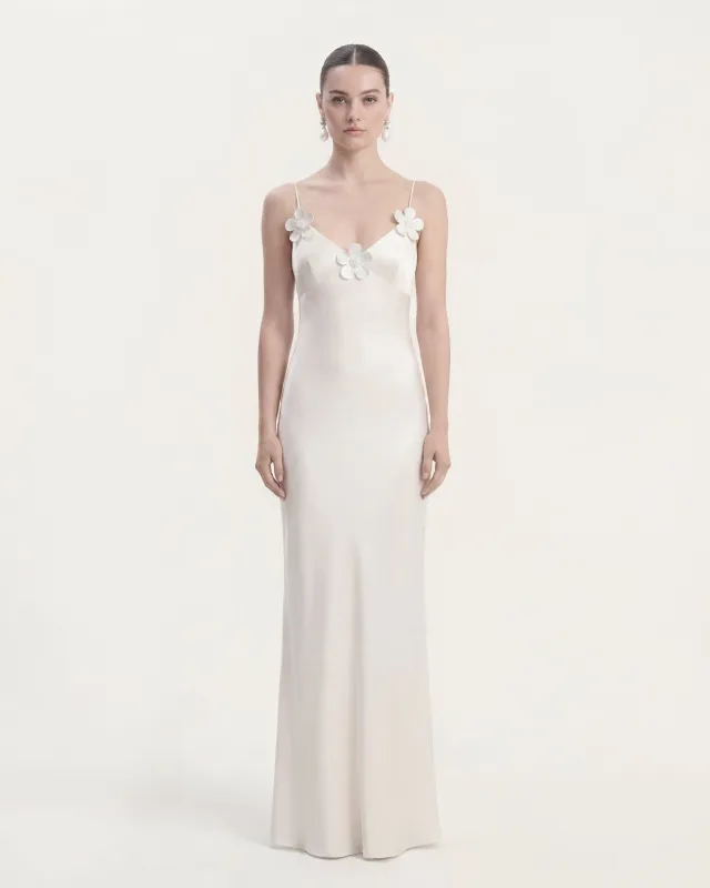 Floral Appliqué Open Back Slip Maxi Dress - White made by JW PEI